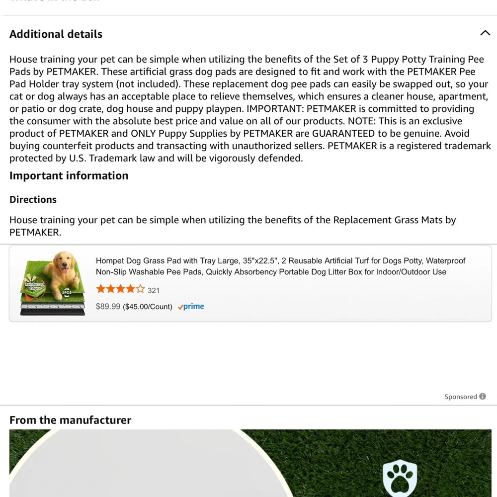 NWT Petmaker Turf Grass Pee Pads for Dogs
